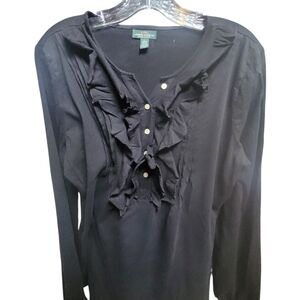 Lauren Ralph Lauren Women's Black Ruffle Top Size Large Long Sleeve Elegant Tee